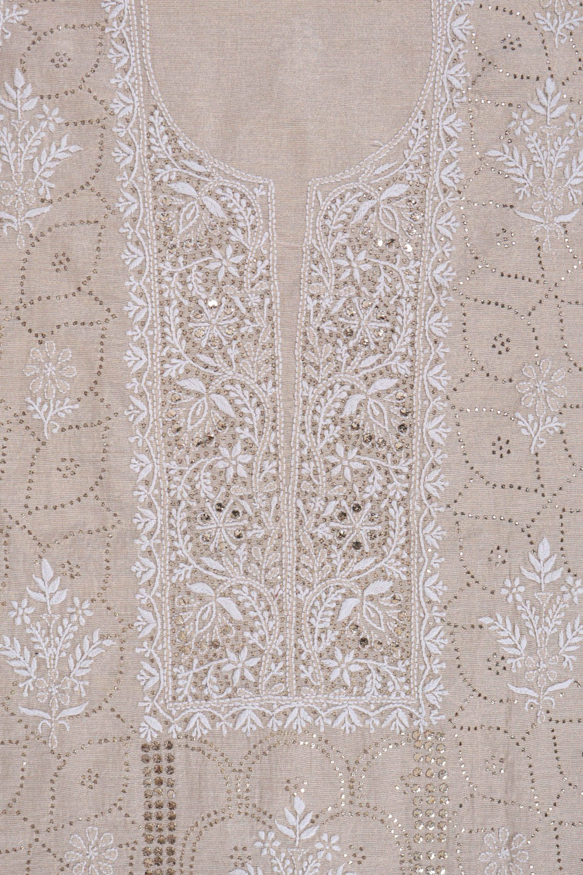 Ada Hand Embroidered Natural Fawn Tissue Lucknowi Chikankari Unstitched Kurta Dupatta Set With Muqaish Work 01A169987