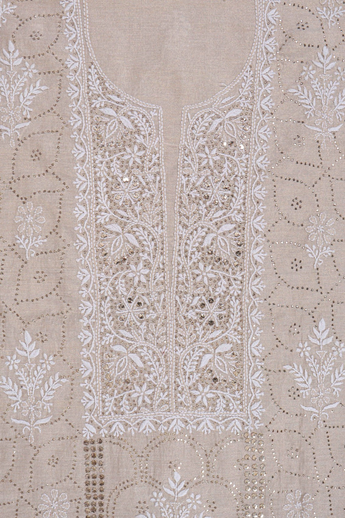 Ada Hand Embroidered Natural Fawn Tissue Lucknowi Chikankari Unstitched Kurta Dupatta Set With Muqaish Work 01A169987