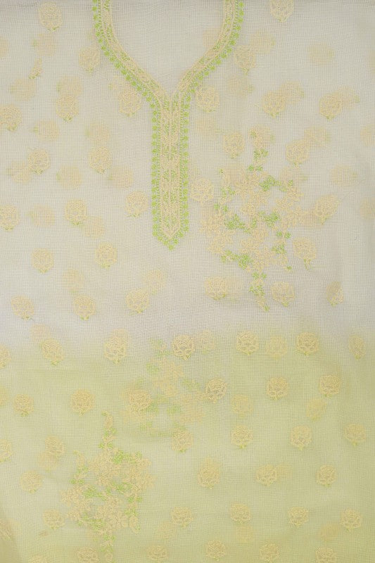Ada Hand Embroidered Lemon Kota Lucknowi Chikan Unstitched Kurta Dupatta Set A596934