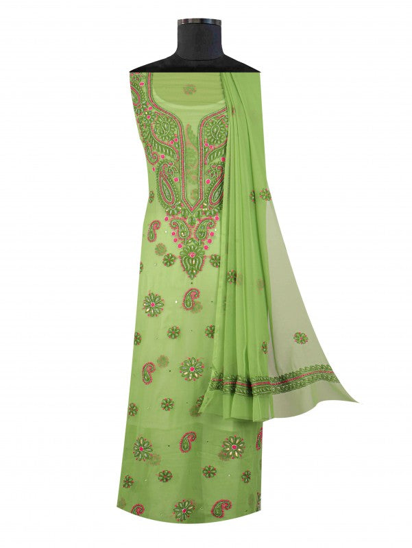 Ada Hand Embroidered Grass Green Georgette Lucknowi Chikankari Unstitched Suit Piece With Cutdana Work 01A132286