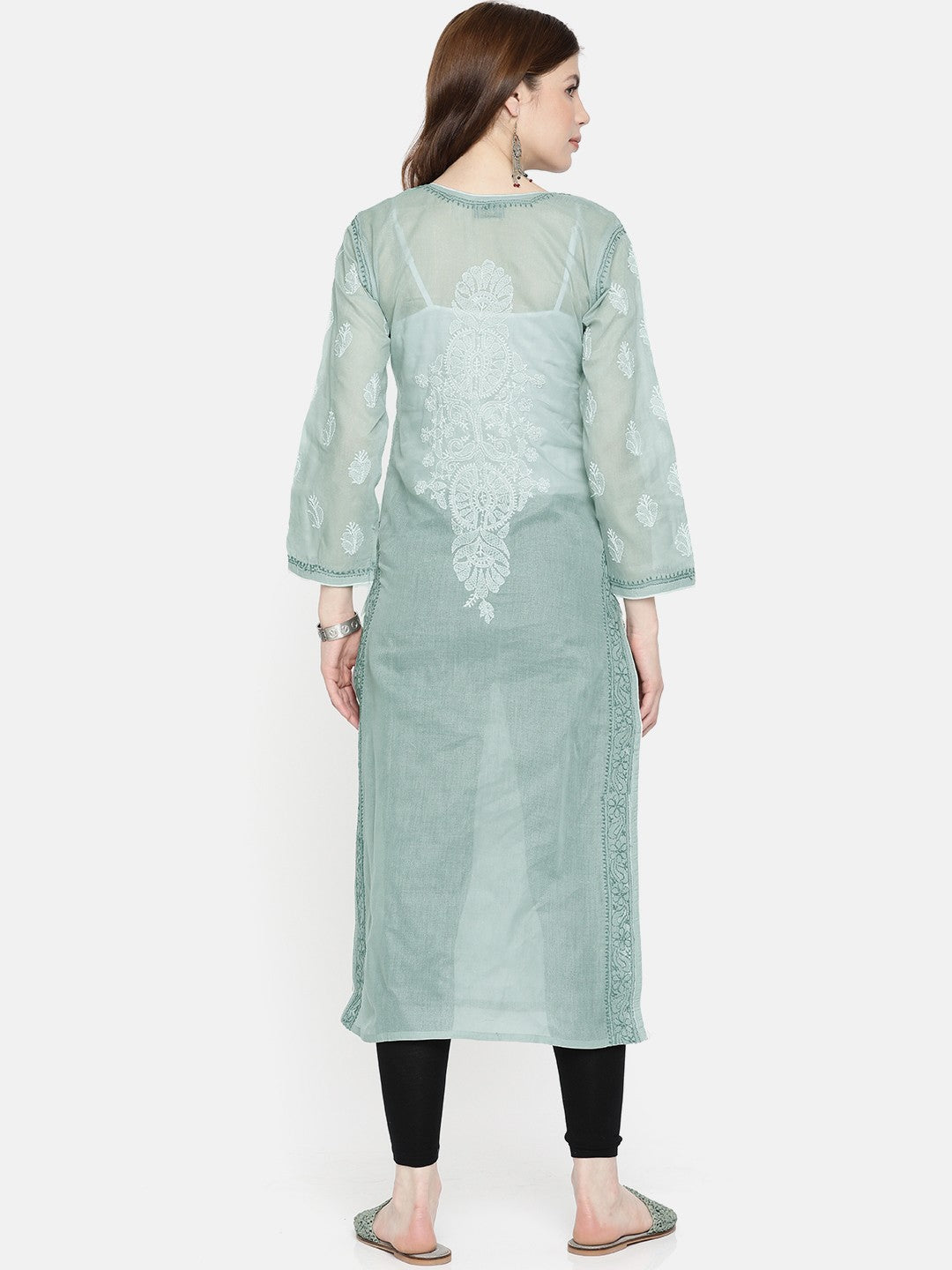 Ada Hand Embroidered Grey Cotton Lucknow Chikan Kurta- A230777