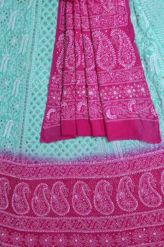 Ada Hand Embroidered Magenta/Sea Green Shaded Pure Georgette Lucknowi Chikankari Lehenga Set With Muqaish Work-A574888
