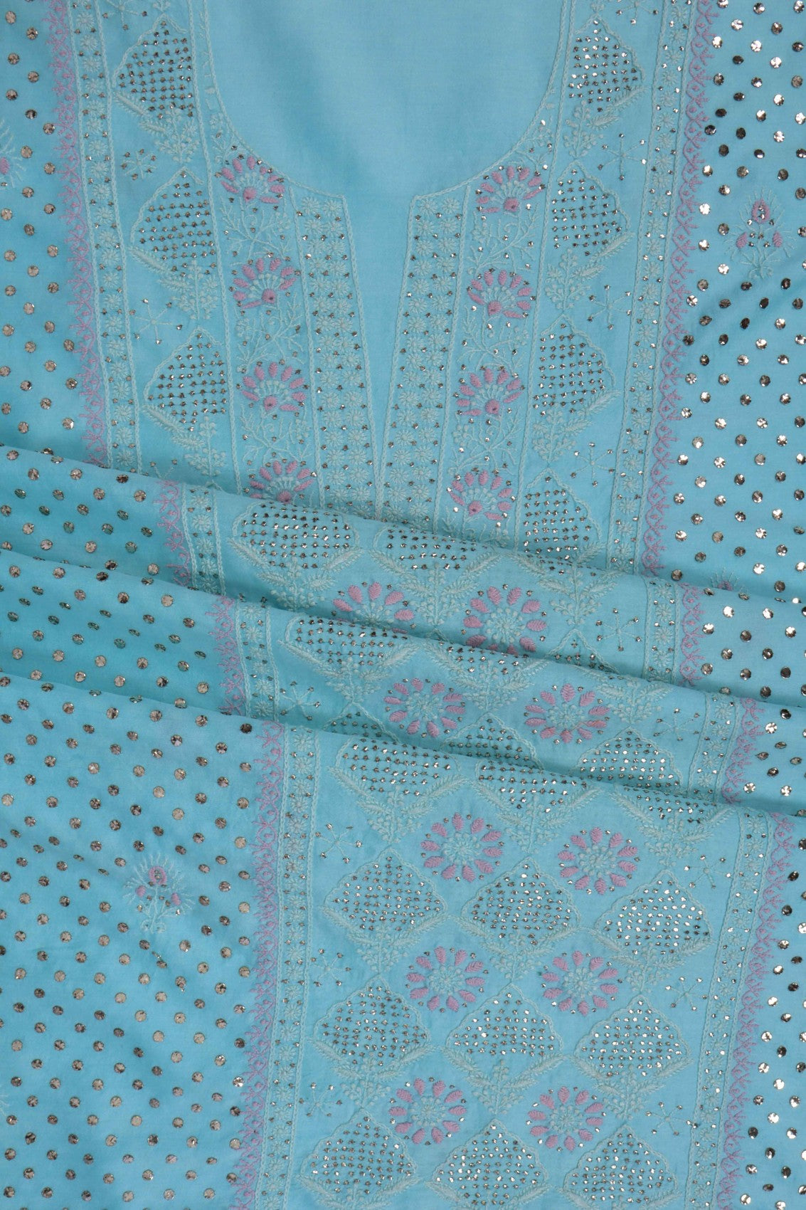 Ada Hand Embroidered Sky Blue Chanderi Lucknowi Chikankari Unstitched Suit Piece With Muqaish Work 01A195541