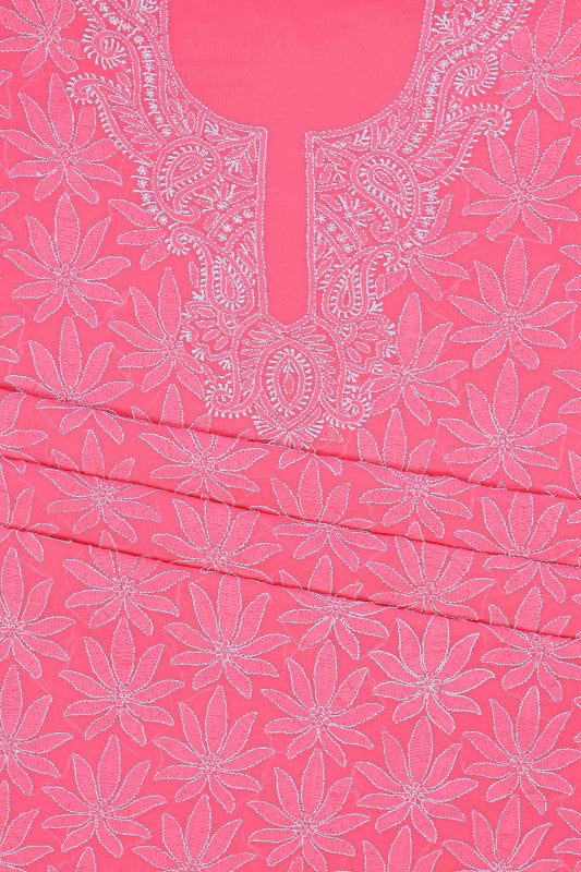 Ada Hand Embroidered Pink Georgette Lucknowi Chikan Unstitched Kurta Dupatta Set A333871