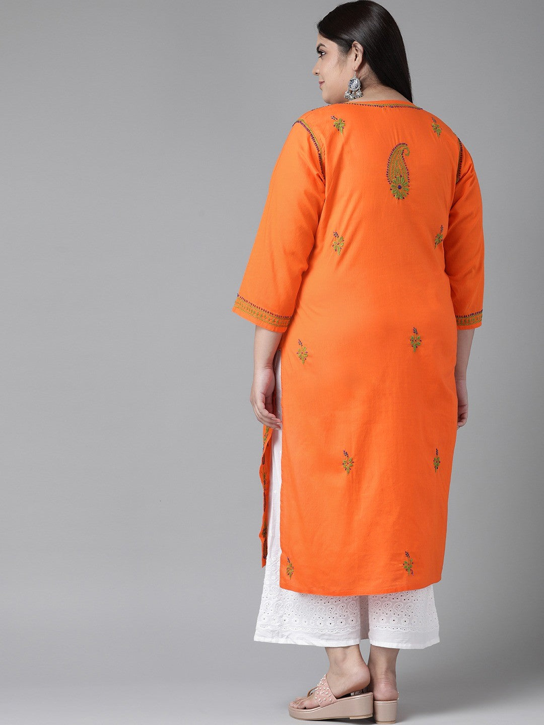 Ada Hand Embroidered Orange Cotton Lucknowi Chikankari Straight Kurta A223686
