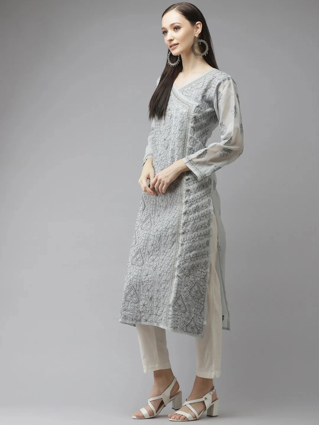 Ada Hand Embroidered Grey Cotton Lucknowi Chikankari Straight Kurta A411318