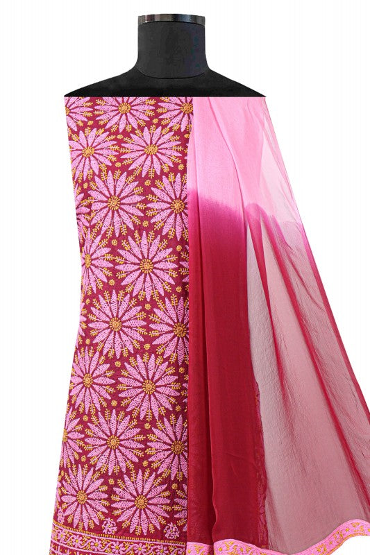 Ada Hand Embroidered Maroon Cotton Lucknowi Chikan Unstitched Suit Piece A44949