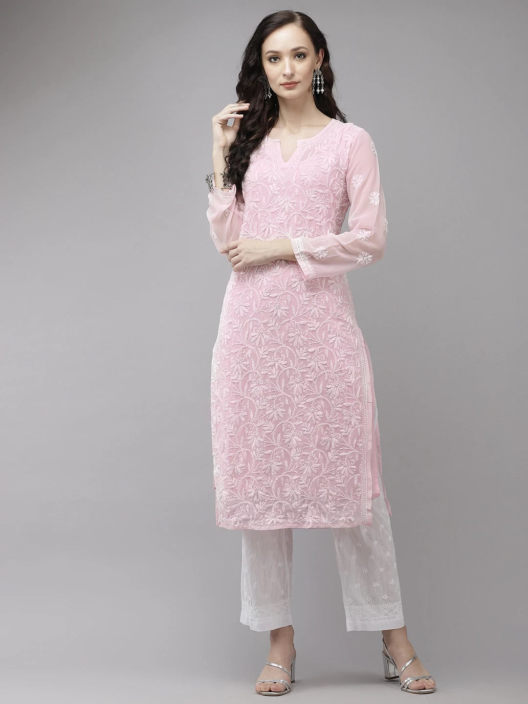 Ada Hand Embroidered Pink Georgette Lucknowi Chikankari Kurta Set with Slip A811217