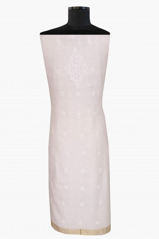 Ada Hand Embroidered White Cotton Lucknowi Chikan Unstitched Kurta Dupatta Set  A502818