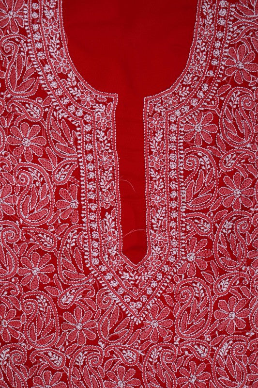 Ada Hand Embroidered Red Georgette Lucknowi Chikan Unstitched Suit Piece A516825