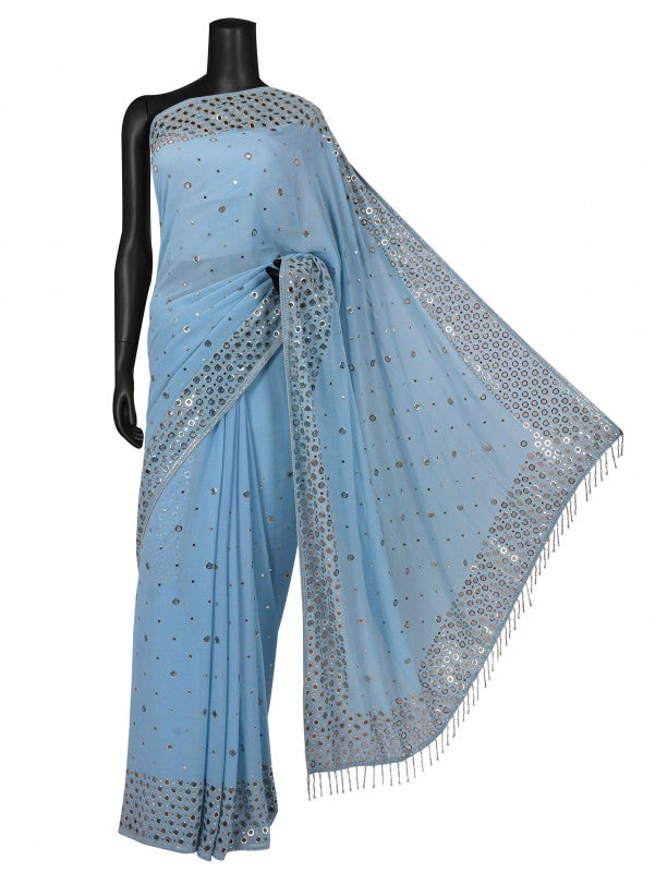 Ada Hand Embroidered Maya Blue Pure Georgette Lucknowi Chikankari Saree/Blouse with Muqaish Work A621526
