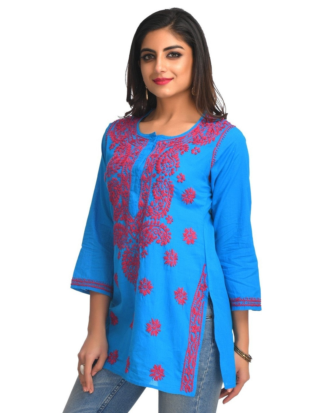 Ada Hand Embroidered Blue Cotton Lucknowi Chikankari Straight Kurti A250610