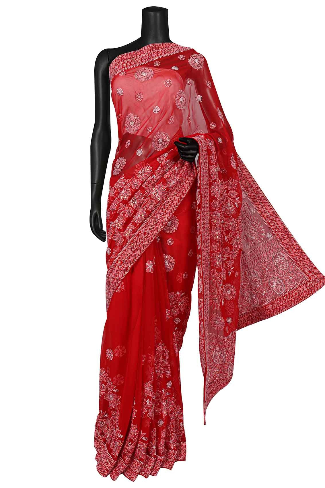Ada Hand Embroidered Red Georgette Lucknowi Chikankari Saree/Blouse With Sequinned Work 01A137051