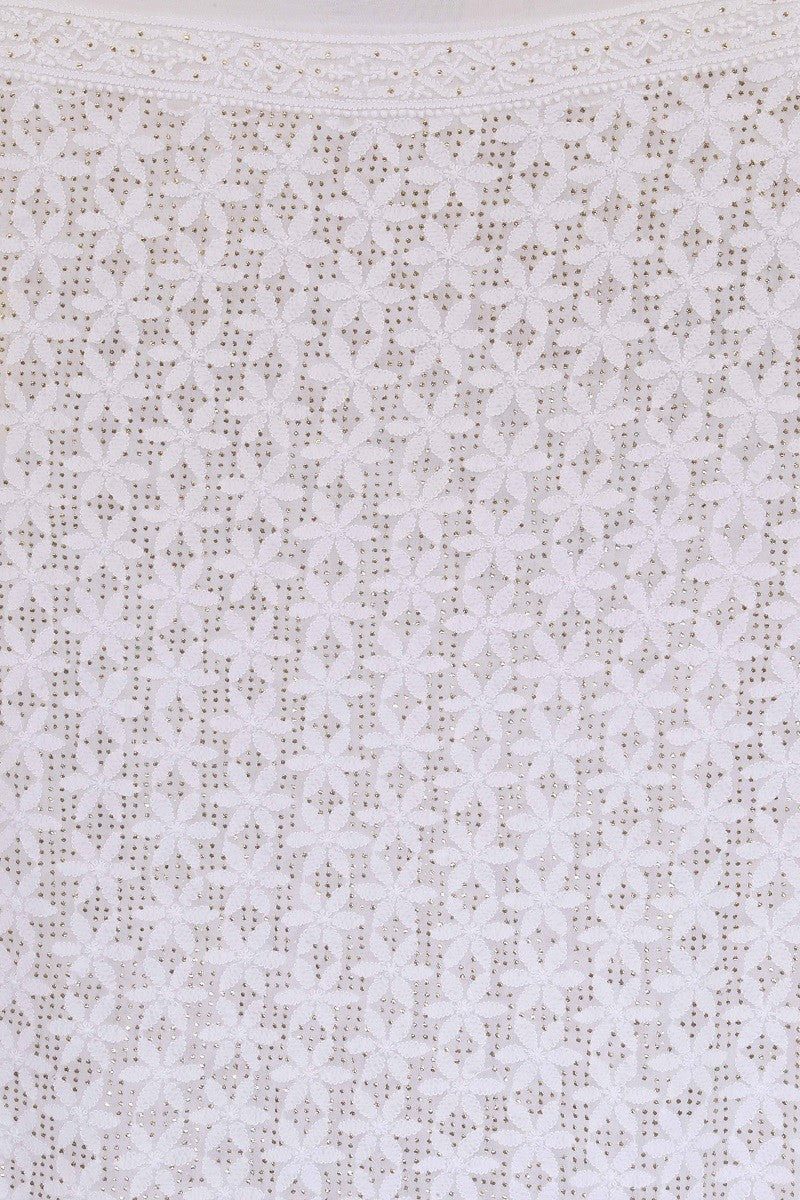 Ada Hand Embroidered White Georgette Lucknowi Chikankari Unstitched Men's Kurta Piece With Muqaish Work 01A45732