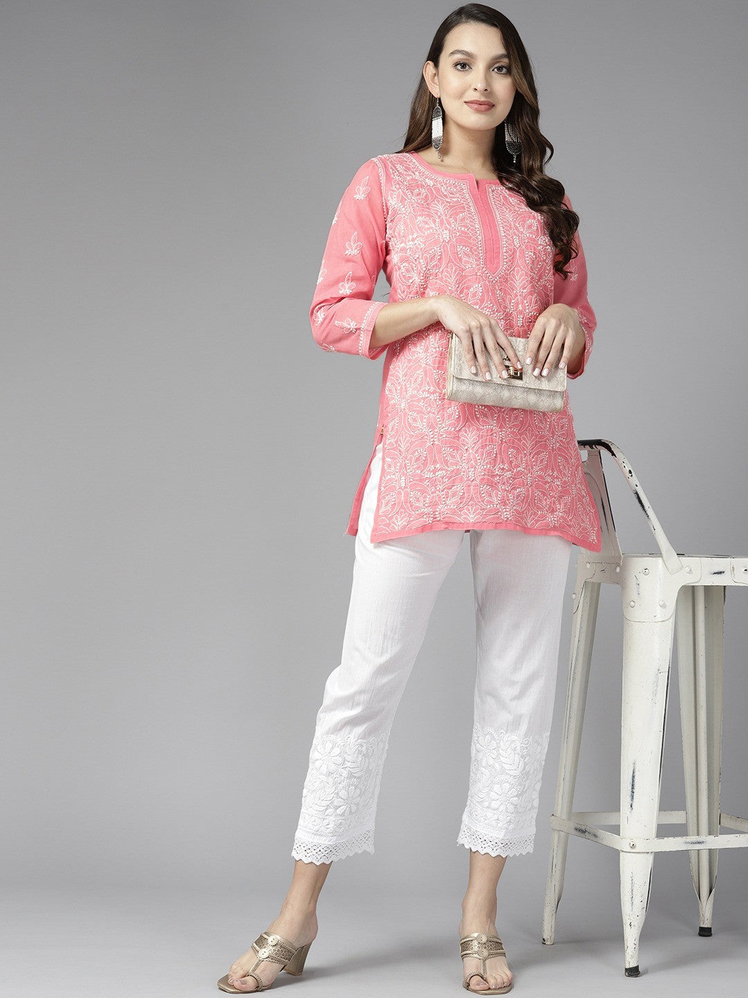 Ada Hand Embroidered Carrot Pink Cotton Lucknowi Chikankari Straight Kurti A911281