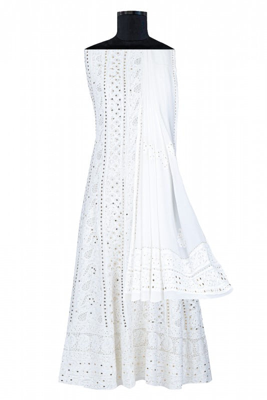 Ada Hand Embroidered White Georgette Lucknowi Chikankari Semi-stitched Anarkali Kurta Dupatta Set With Muqaish Work- A615417