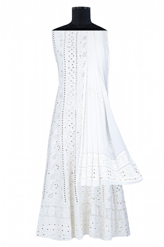 Ada Hand Embroidered White Georgette Lucknowi Chikankari Semi-stitched Anarkali Kurta Dupatta Set With Muqaish Work- A615417