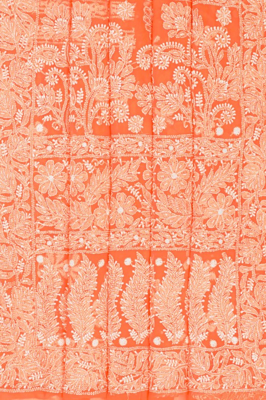 Ada Hand Embroidered Blaze Orange Georgette Lucknowi Chikankari Saree with Blouse With Sequinned Work A588604