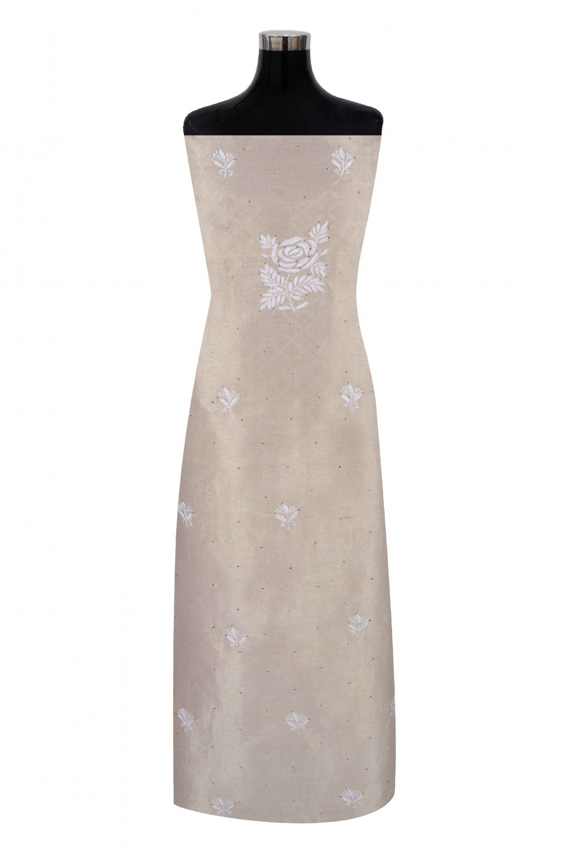 Ada Hand Embroidered Fawn Silk Lucknowi Chikankari Unstitched Kurta Dupatta Set With Muqaish Work 01A243066