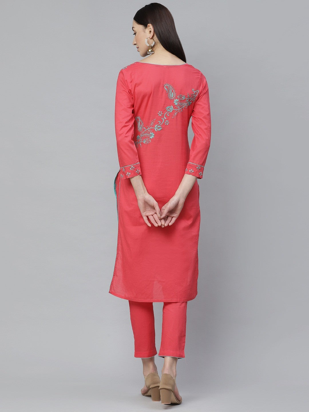 Ada Hand Embroidered Carrot Pink Cotton Lucknowi Chikankari Straight Kurta With Trouser Set A811132