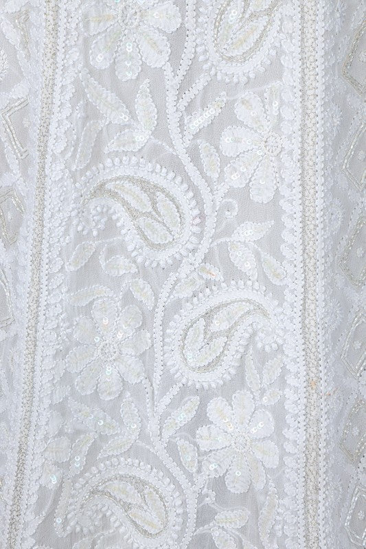 Ada Hand Embroidered White Pure Georgette Lucknowi Chikankari Unstitched Lehenga Skirt (Only Skirt)With Pearl Work-A501261