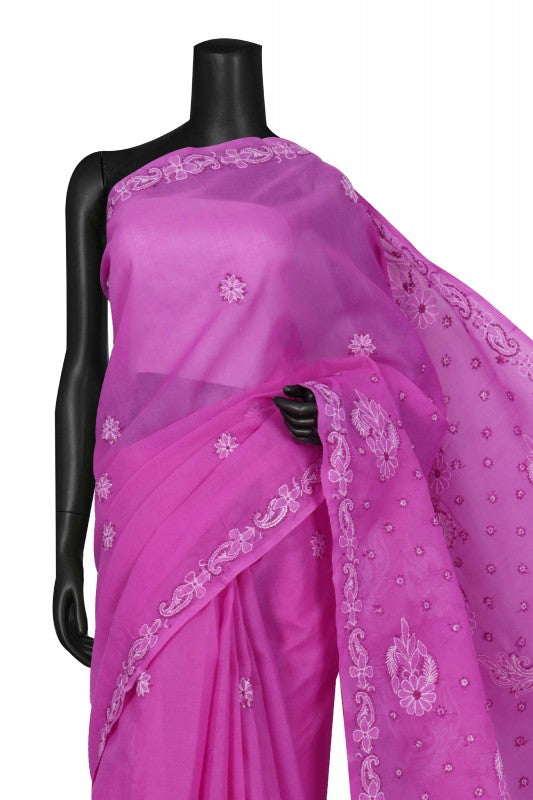 Ada Hand Embroidered Mauve Cotton Lucknowi Chikankari Saree With Blouse A613146