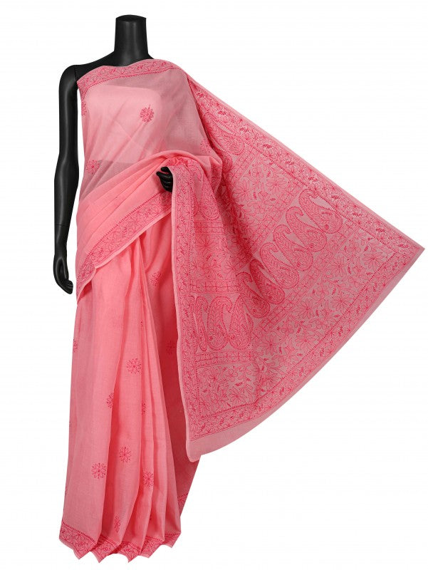 Ada Hand Embroidered Pink Cotton Lucknowi Chikankari Saree with Blouse A590179