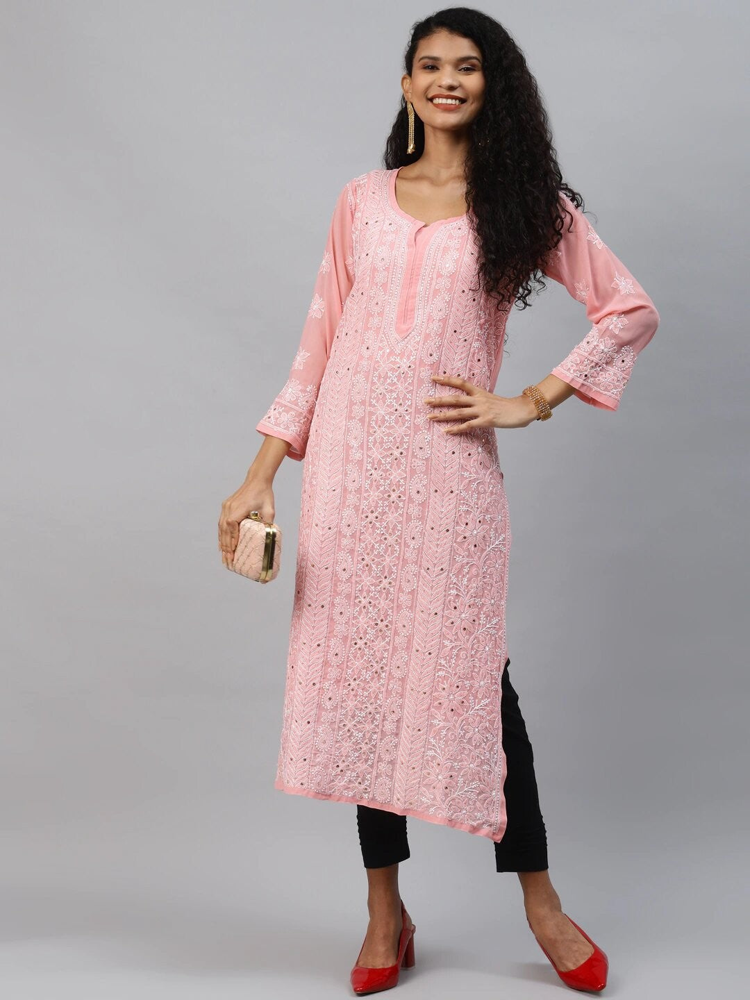 Ada Hand Embroidered Peach Georgette Lucknow Chikankari Straight Kurta/Slip with Muqaish Work A411218