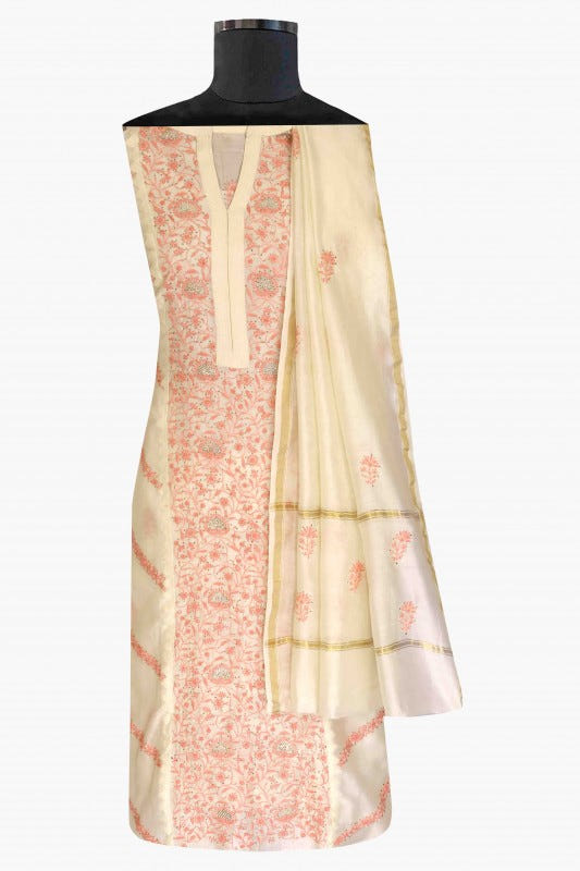 Ada Hand Embroidered Cream White Chanderi Lucknowi Chikan Unstitched Kurta Dupatta Set-A385896