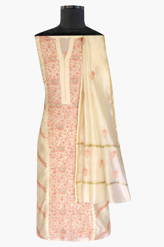 Ada Hand Embroidered Cream White Chanderi Lucknowi Chikan Unstitched Kurta Dupatta Set-A385896