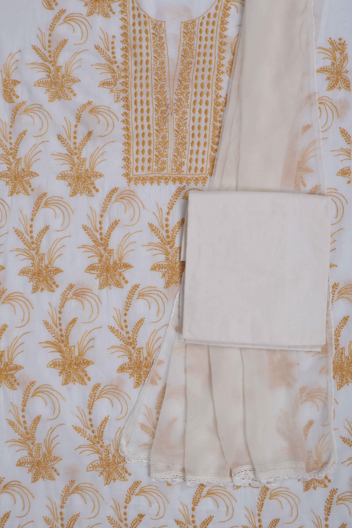 Ada Hand Embroidered White Cotton Lucknowi Chikankari Unstitched Suit Set A570907