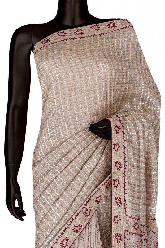 Ada Hand Embroidered Fawn Tusser Silk Lucknow Chikan Saree/Blouse With Pearl Work-A70568