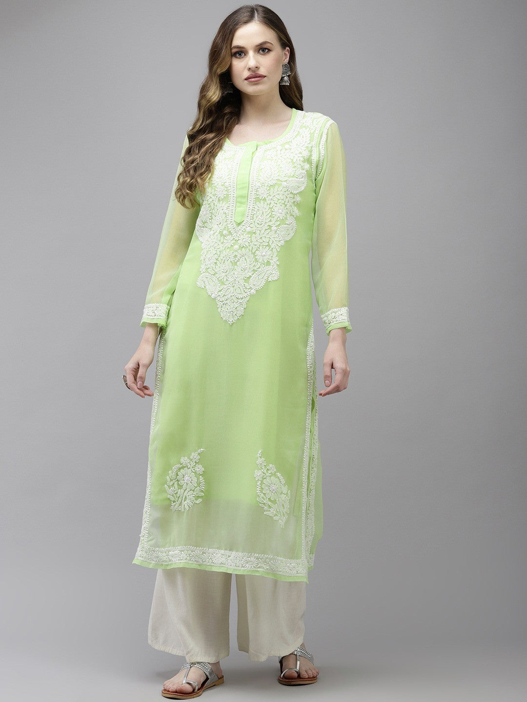 Ada Hand Embroidered Parrot Green Georgette Lucknowi Chikankari Straight Kurta With Slip A411365