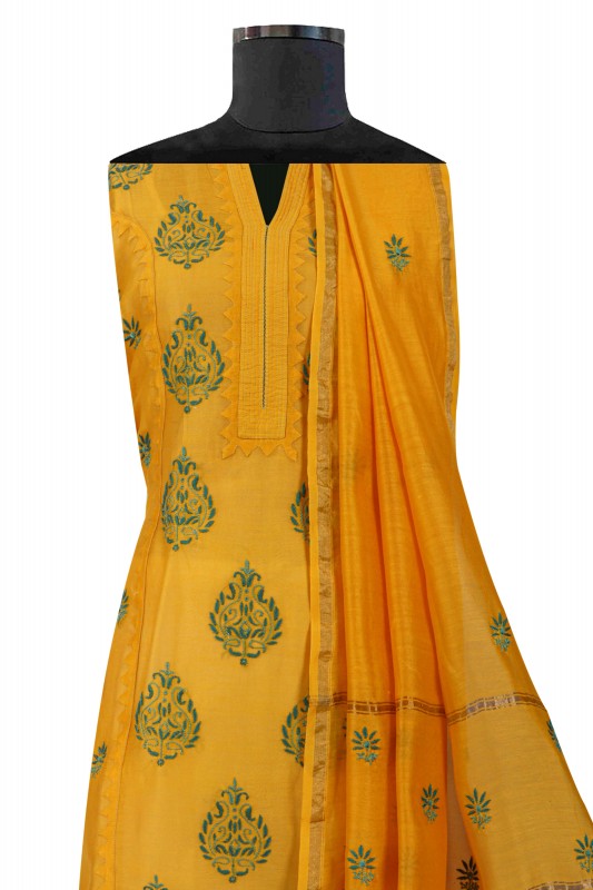 Ada Hand Embroidered Bright Yellow Chanderi Lucknowi Chikankari Unstitched Kurta Dupatta Set A320092