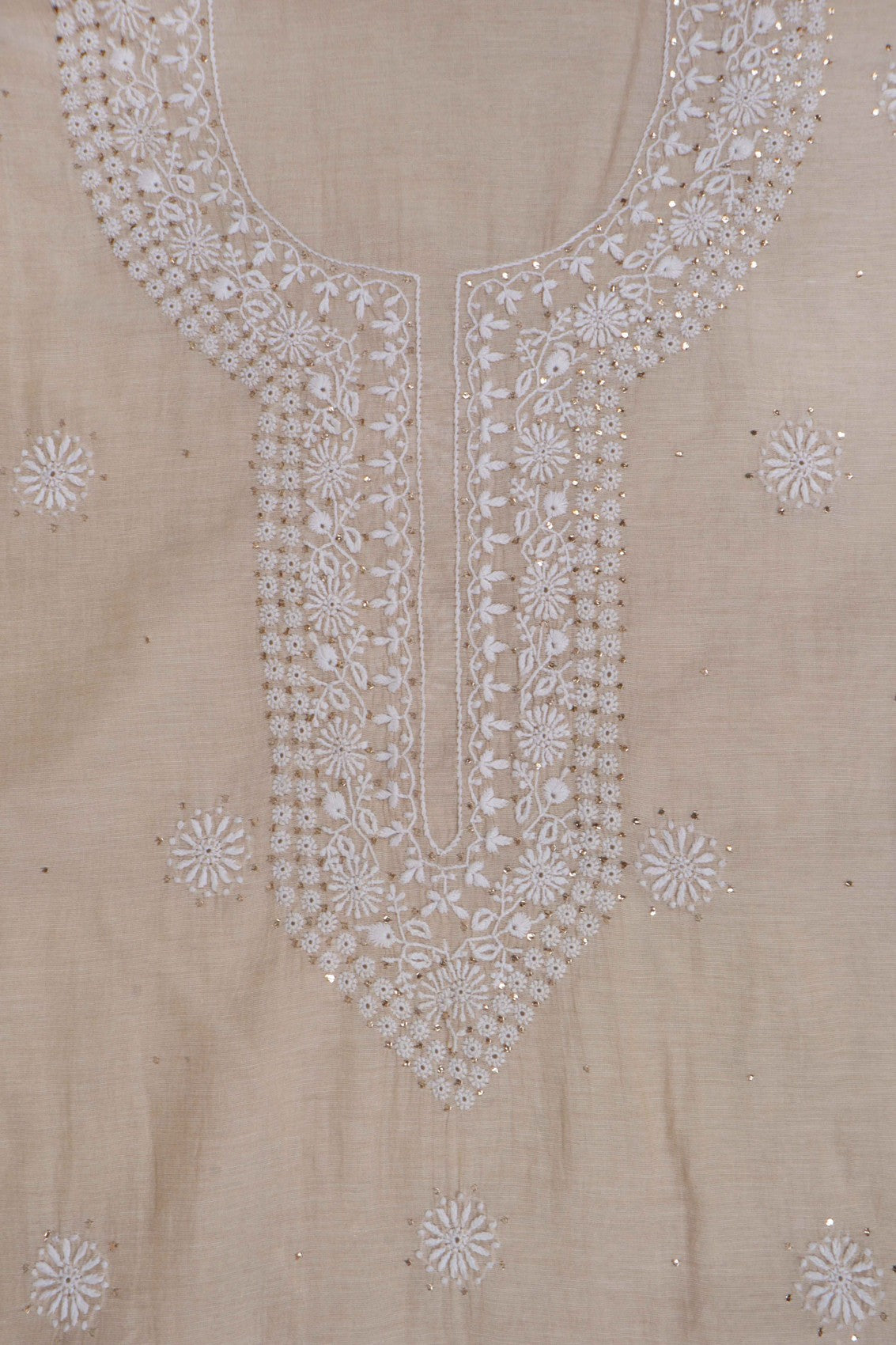 Ada Hand Embroidered Natural Fawn Tissue Lucknowi Chikankari Unstitched Kurta Dupatta Set With Muqaish Work 01A196056