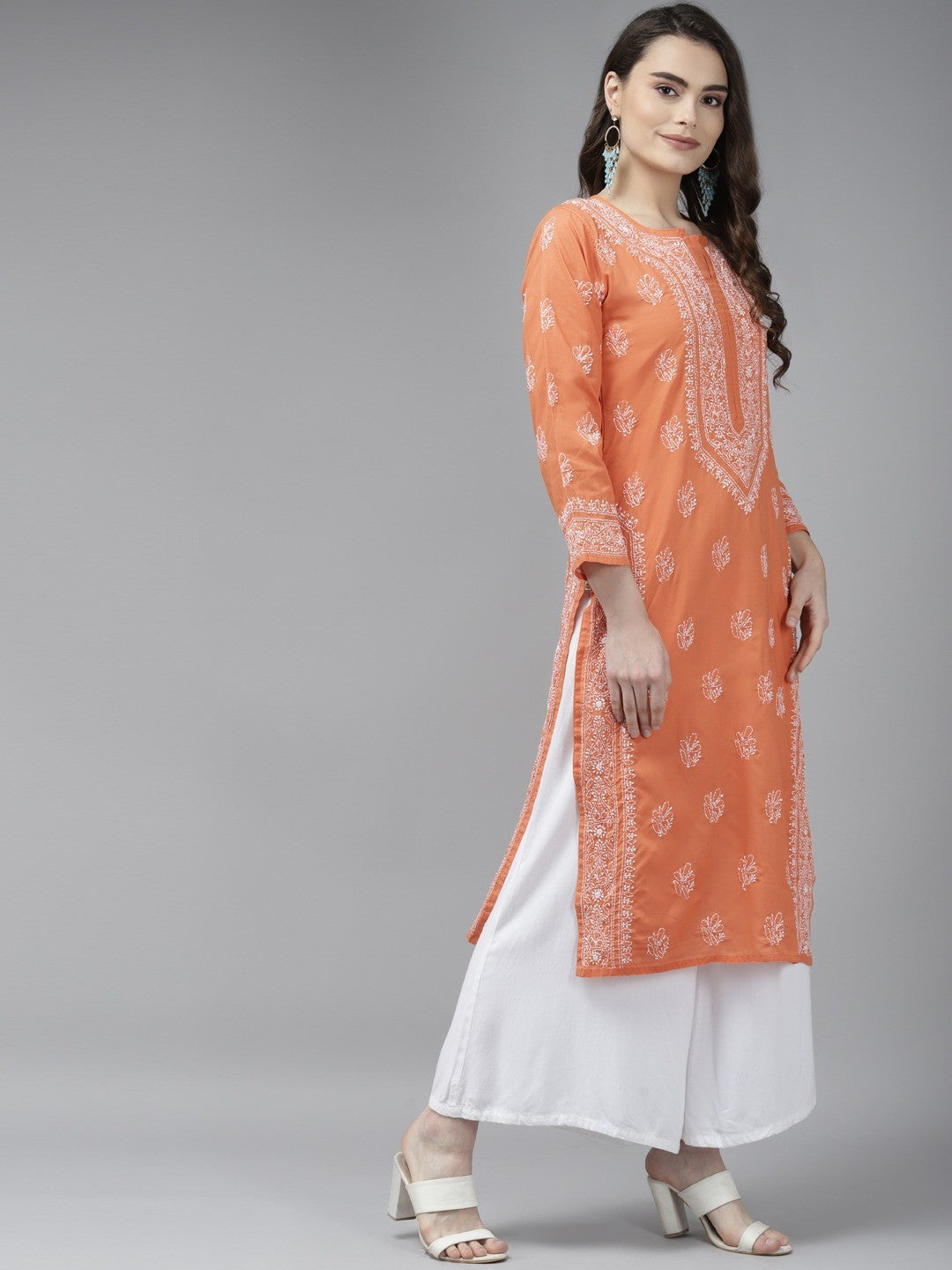 Ada Hand Embroidered Rust Cotton Lucknowi Chikankari Kurti A321392
