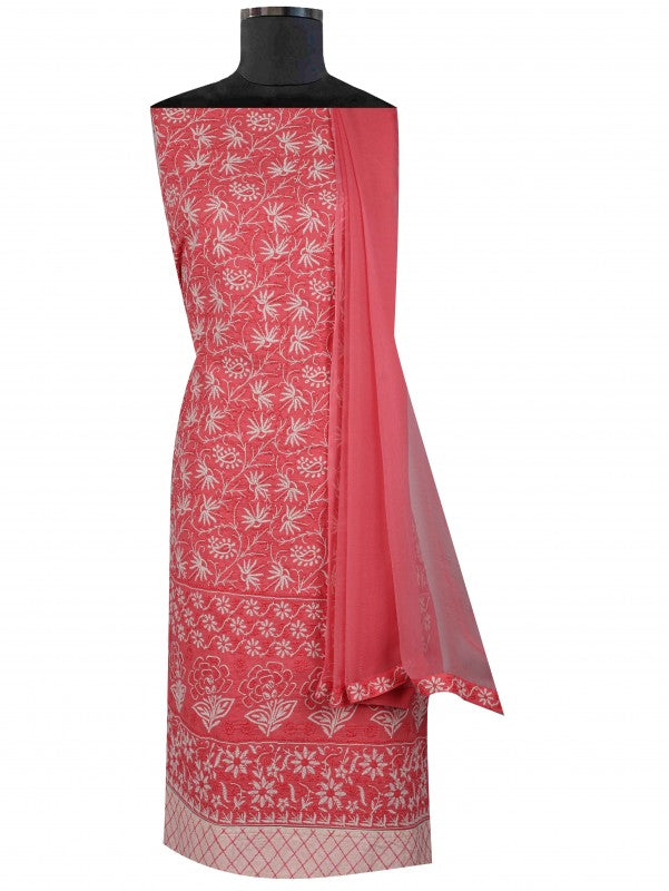 Ada Hand Embroidered Carrot Pink Cotton Lucknowi Chikankari Unstitched Suit Piece 01A101763