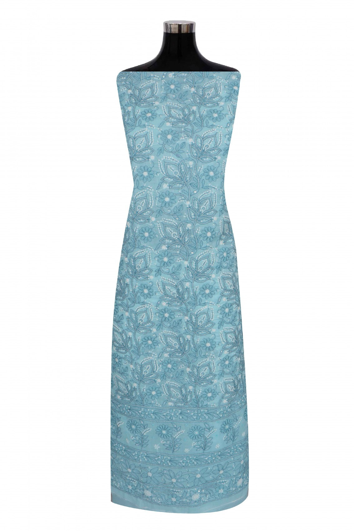 Ada Hand Embroidered Sky Blue Cotton Lucknowi Chikankari Unstitched Suit Piece With Pearl Work 01A271162