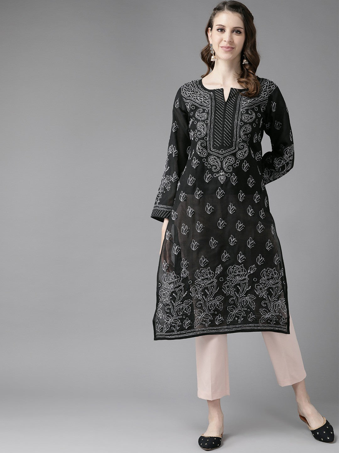 Ada Hand Embroidered Black Cotton Lucknow Chikan Straight Kurta A237205