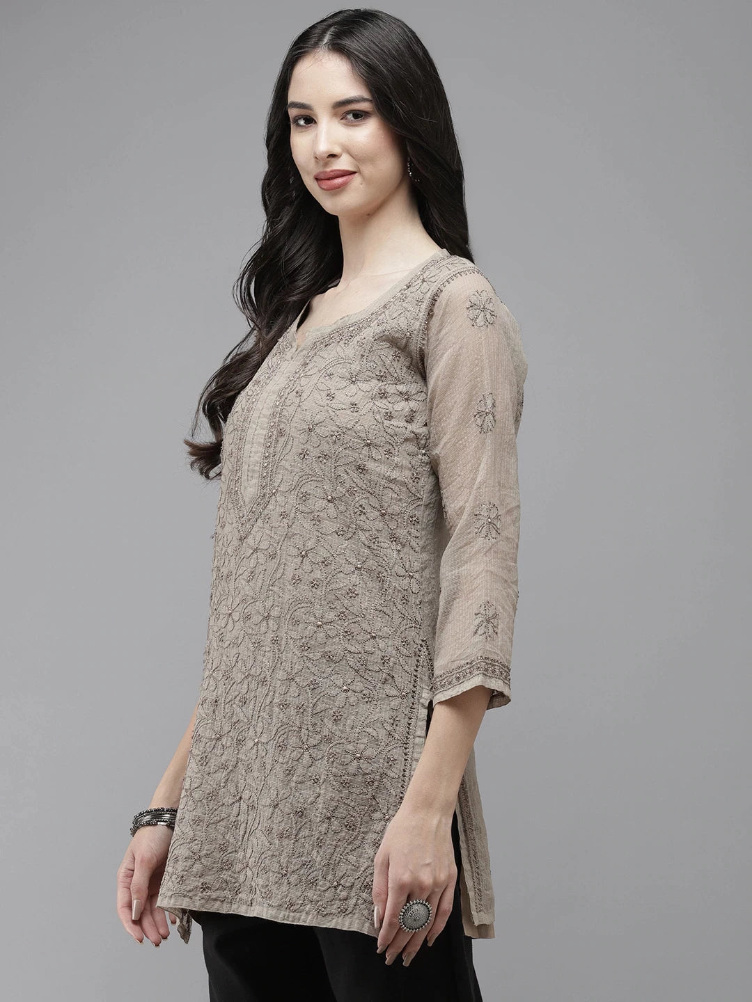 Ada Hand Embroidered Greige Kota Lucknowi Chikankari Short Kurti With Slip A911183