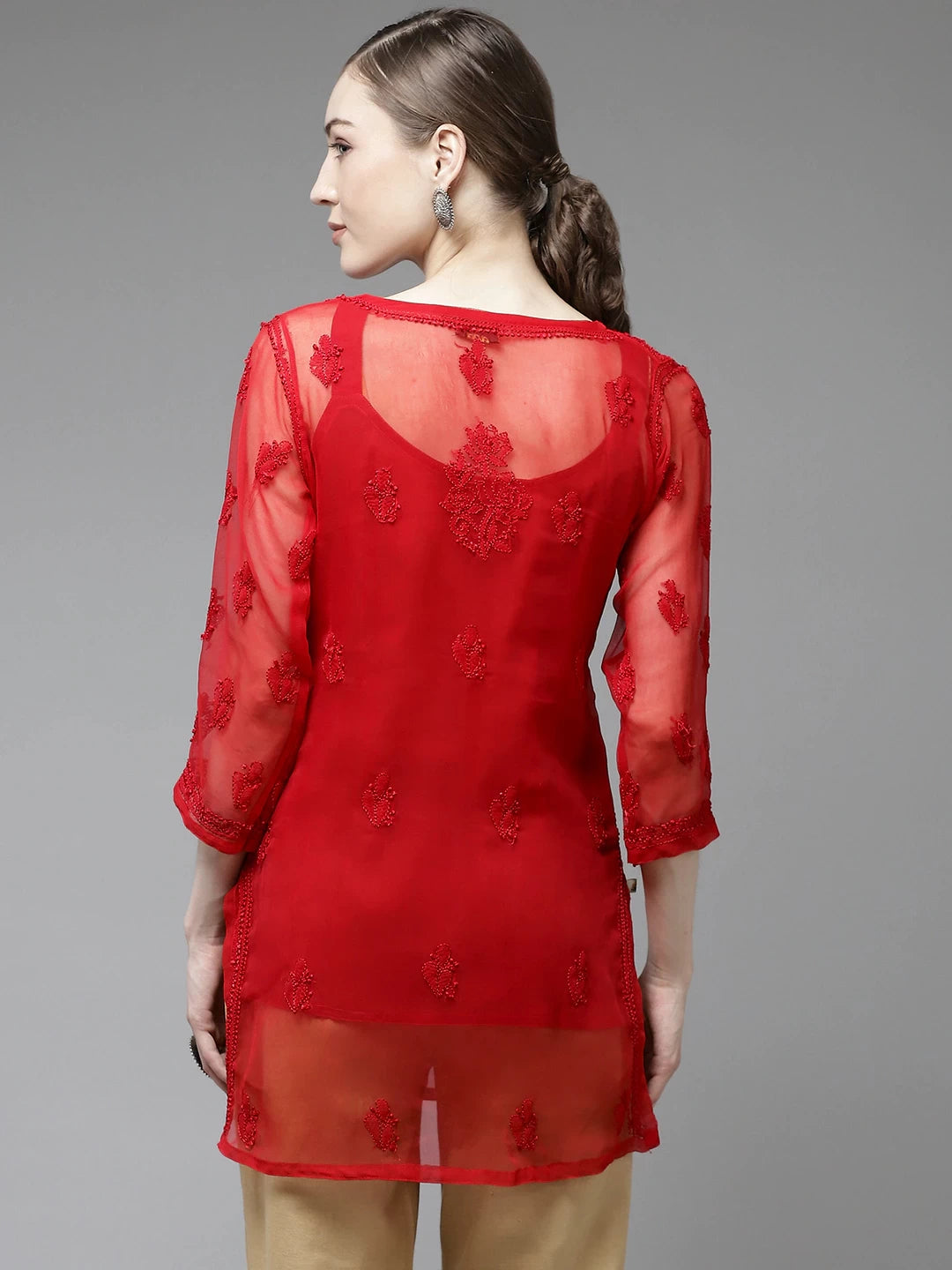 Ada Hand Embroidered Red Georgette Lucknowi Chikankari Kurti With Slip A911140