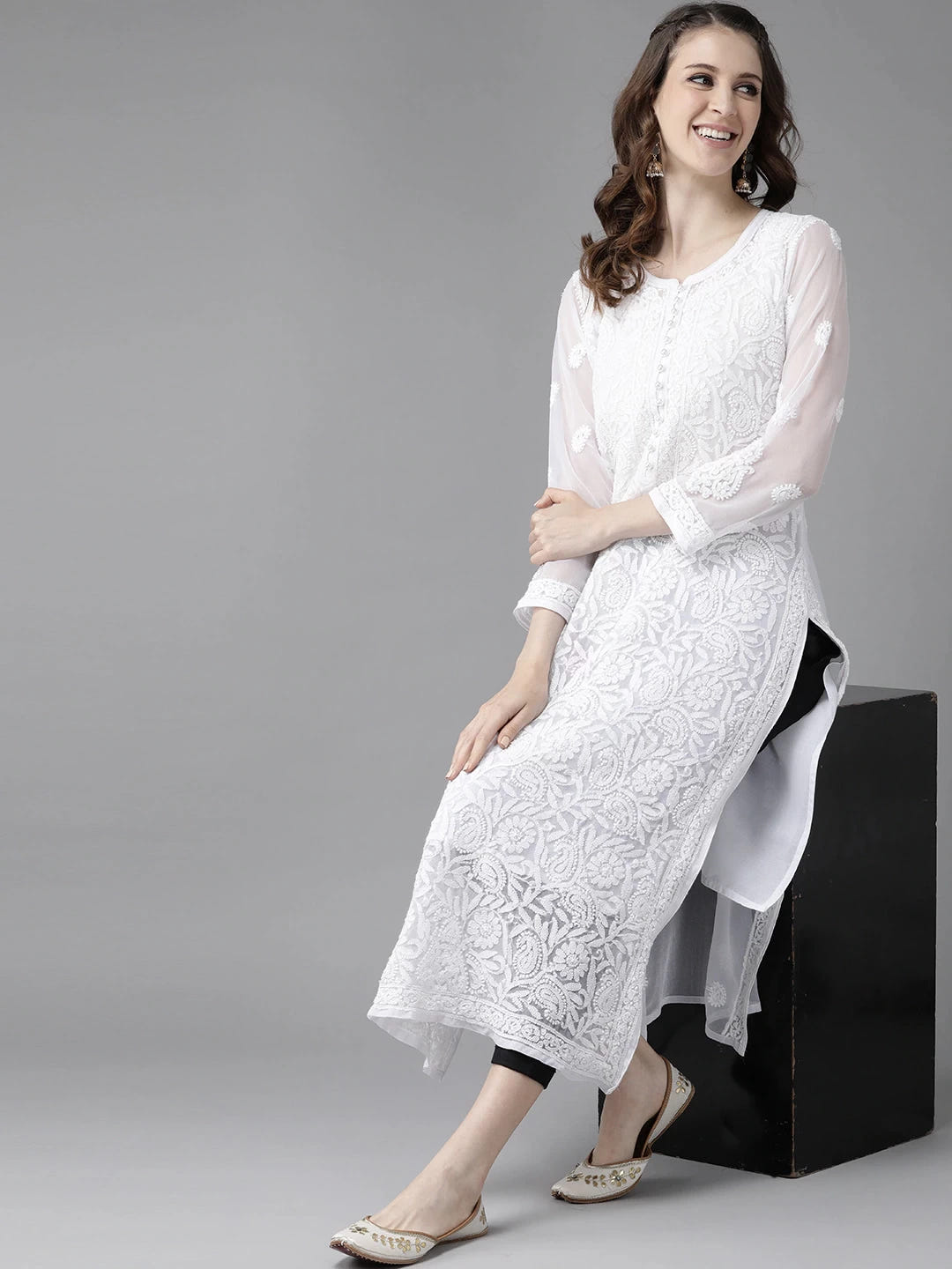 Ada Hand Embroidered White Georgette Lucknowi Chikankari Straight Kurta Set With Slip A811176
