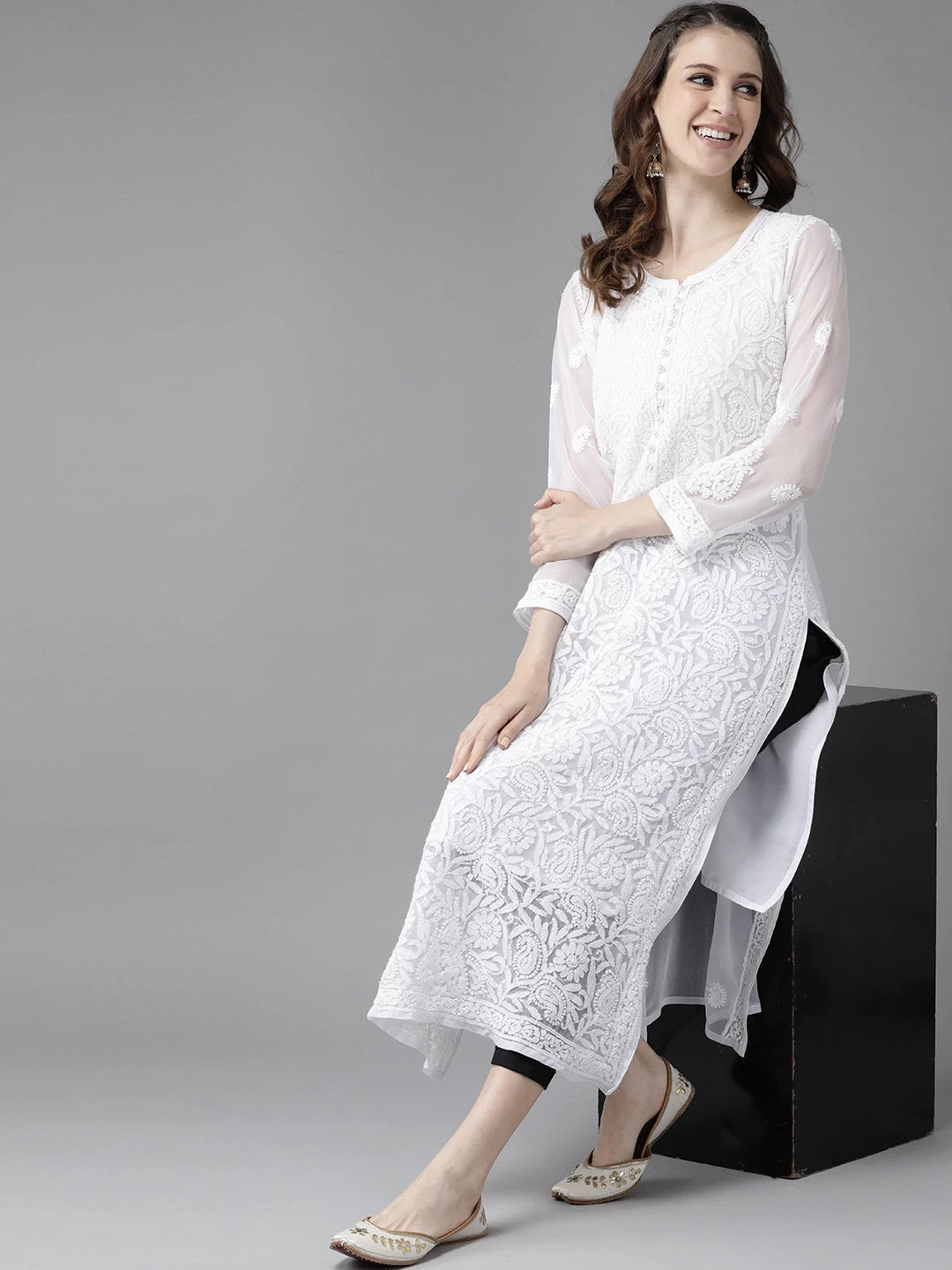 Ada Hand Embroidered White Georgette Lucknowi Chikankari Straight Kurta Set With Slip A811176