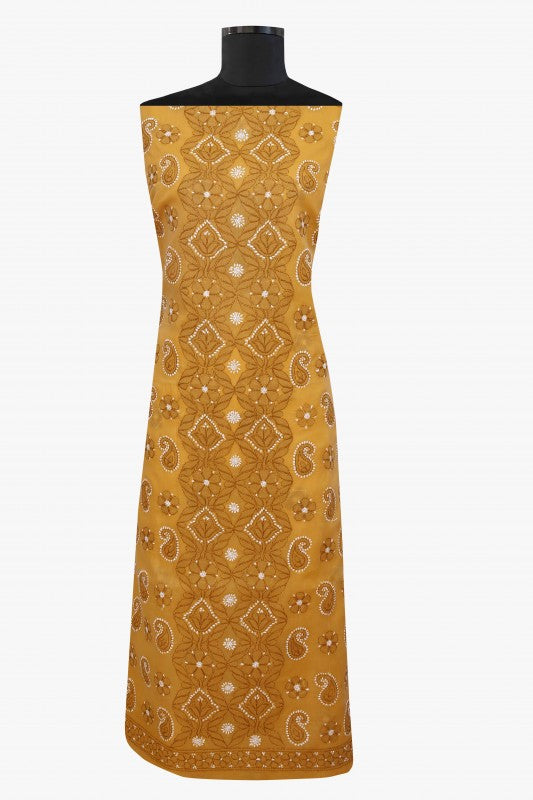 Ada Hand Embroidered Mustard Cotton Lucknowi Chikan Unstitched Suit Piece–A100173