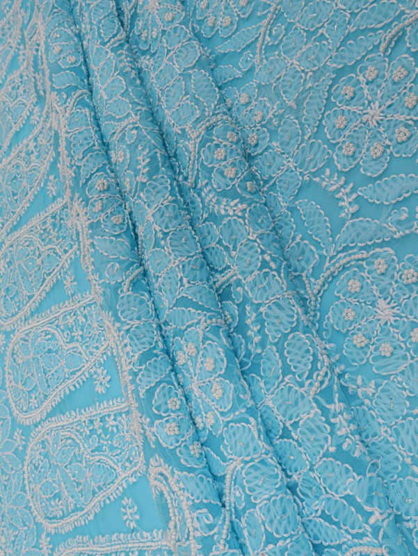 Ada Hand Embroidered Blue Georgette Lucknowi Chikankari Unstitched Suit Piece With Pearl Work 01A54152