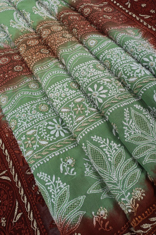 Ada Hand Embroidered Green Dual Shade Pure Georgette Lucknow Chikan Saree/Blouse with Gota Patti Work A50140
