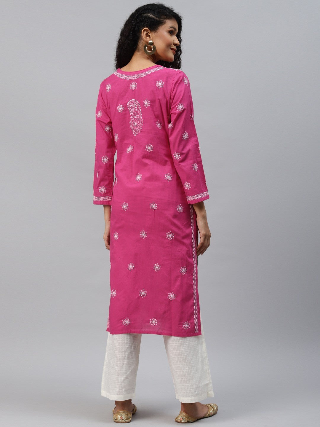 Ada Hand Embroidered Magenta Cotton Lucknow Chikankari Straight Kurta A144029