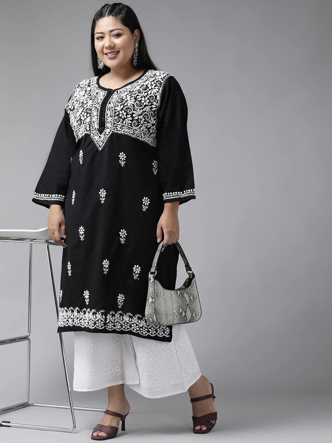 Ada Hand Embroidered Black Cotton Lucknowi Chikankari Straight Kurta A341075
