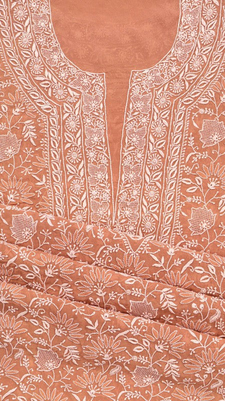 Ada Hand Embroidered Dusty Pink Pure Georgette Lucknowi Chikan Unstitched Kurta Dupatta Set A453588