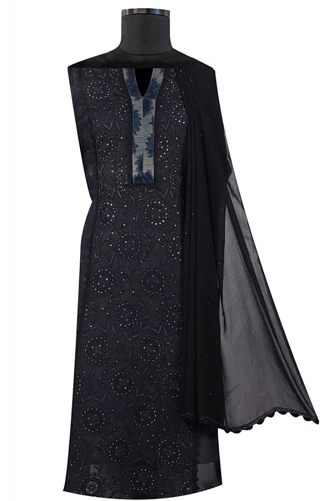 Ada Hand Embroidered Black Tissue Lucknowi Chikankari Unstitched Kurta Dupatta Set With Muqaish Work A606148